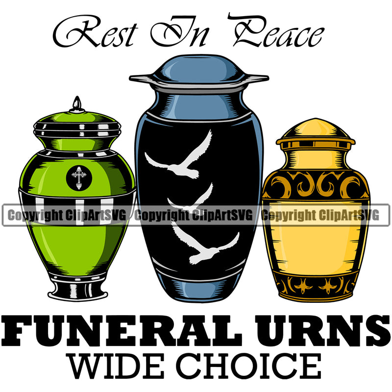 Rest In Peace Funeral Urns Wide Choice Quote Mortuary Colorful Urn Design Element Science Funeral Burial Service Die Pass Away Cremate Cremation Death Morgue Autopsy Dead Body Corpse Cadaver Health Horror Logo Clipart SVG