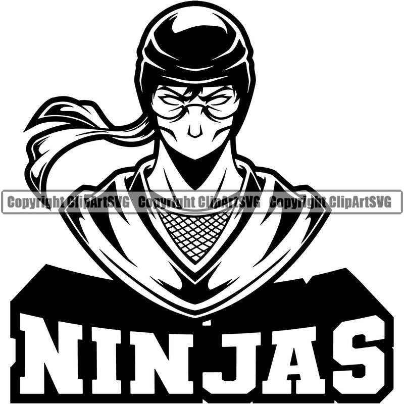 Black And White Ninja Quote And Ninja Face Design Element Samurai Warrior Sword Japanese Katana Asian Culture Helmet Japan Traditional Mask Fighter Fantasy Head Demon Face Ninja Tattoo Art Logo Clipart SVG