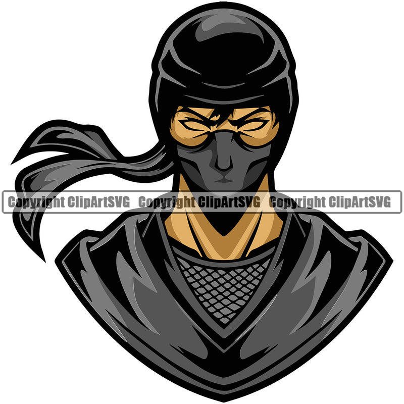 Ninja Face Wearing Mask Vector Design Element White Background Samurai Warrior Sword Japanese Katana Asian Culture Helmet Japan Traditional Mask Fighter Fantasy Head Demon Face Ninja Tattoo Art Logo Clipart SVG
