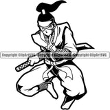 Black And White Samurai Warrior Sword Japanese Katana Ninja Mascot Vector Design Element BW Asian Culture Helmet Japan Traditional Mask Fighter Fantasy Head Demon Face Ninja Tattoo Art Logo Clipart SVG