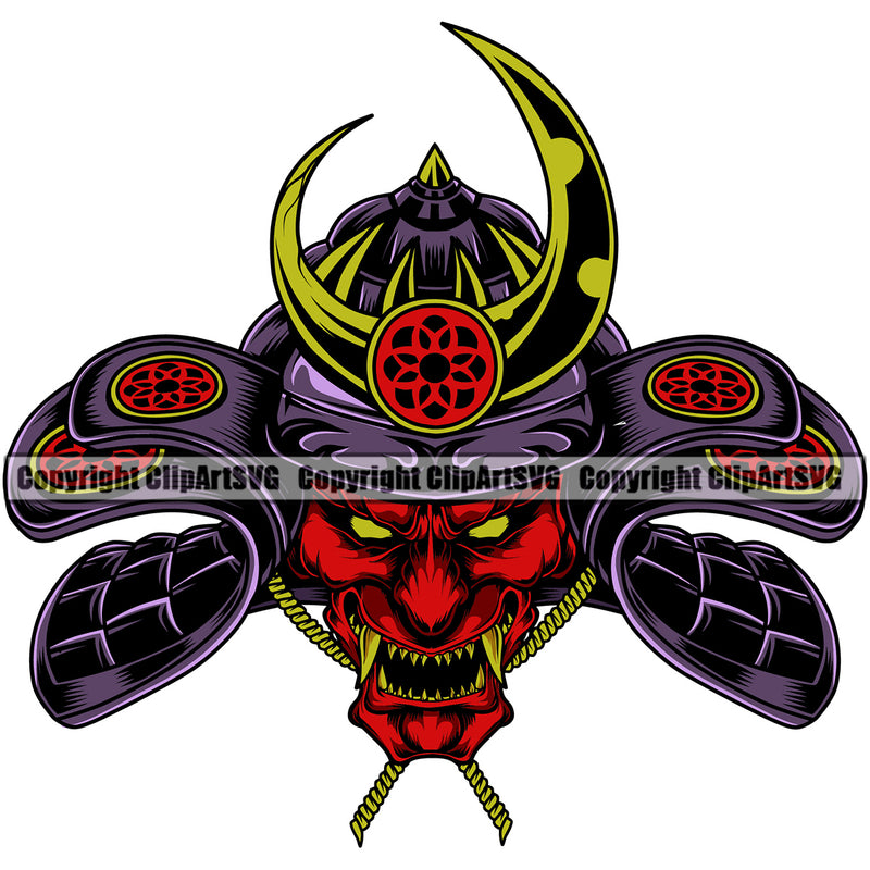 Ninja Samurai Face Color Design Element White Background Warrior Sword Japanese Katana Asian Culture Helmet Japan Traditional Mask Fighter Fantasy Head Demon Face Ninja Tattoo Art Logo Clipart SVG