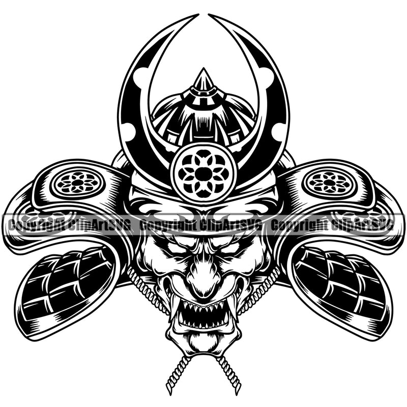 Ninja Samurai Black And White Design Element Angry Face Warrior Sword Japanese Katana Asian Culture Helmet Japan Traditional Mask Fighter Fantasy Head Demon Face Ninja Tattoo Art Logo Clipart SVG