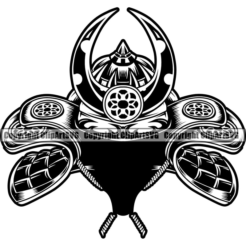 Ninja Samurai Black And White Design Element Wearing Mask Warrior Sword Japanese Katana Asian Culture Helmet Japan Traditional Mask Fighter Fantasy Head Demon Face Ninja Tattoo Art Logo Clipart SVG