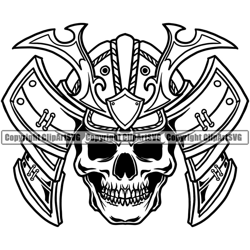 Black And White Skull Skeleton Wearing Ninja Samurai Mask Design Element Warrior Sword Japanese Katana Asian Culture Helmet Japan Traditional Mask Fighter Fantasy Head Demon Face Ninja Tattoo Art Logo Clipart SVG