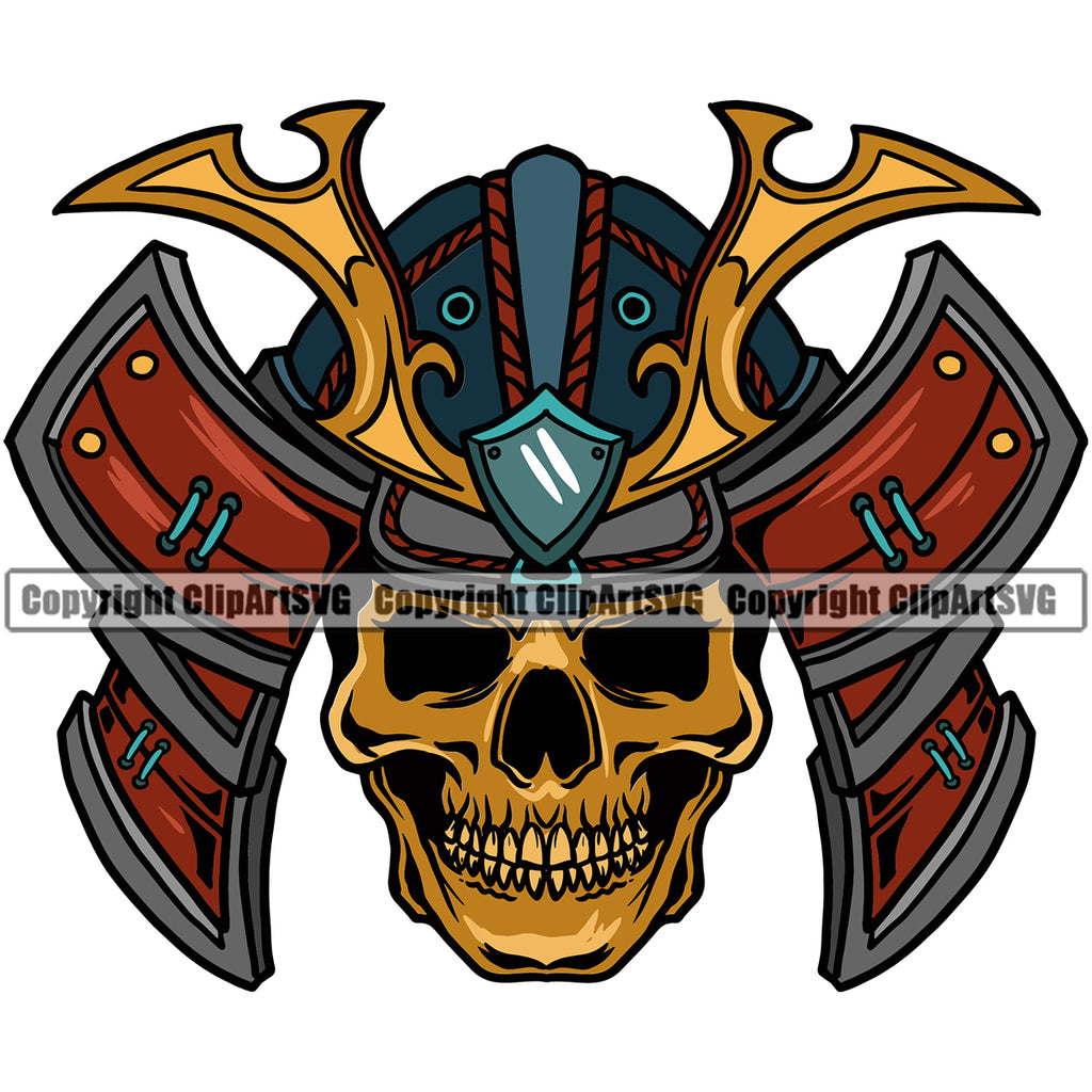 Golden Color Skull Skeleton Wearing Ninja Samurai Mask Design Element White Background Warrior Sword Japanese Katana Asian Culture Helmet Japan Traditional Mask Fighter Fantasy Head Demon Face Ninja Tattoo Art Logo Clipart SVG