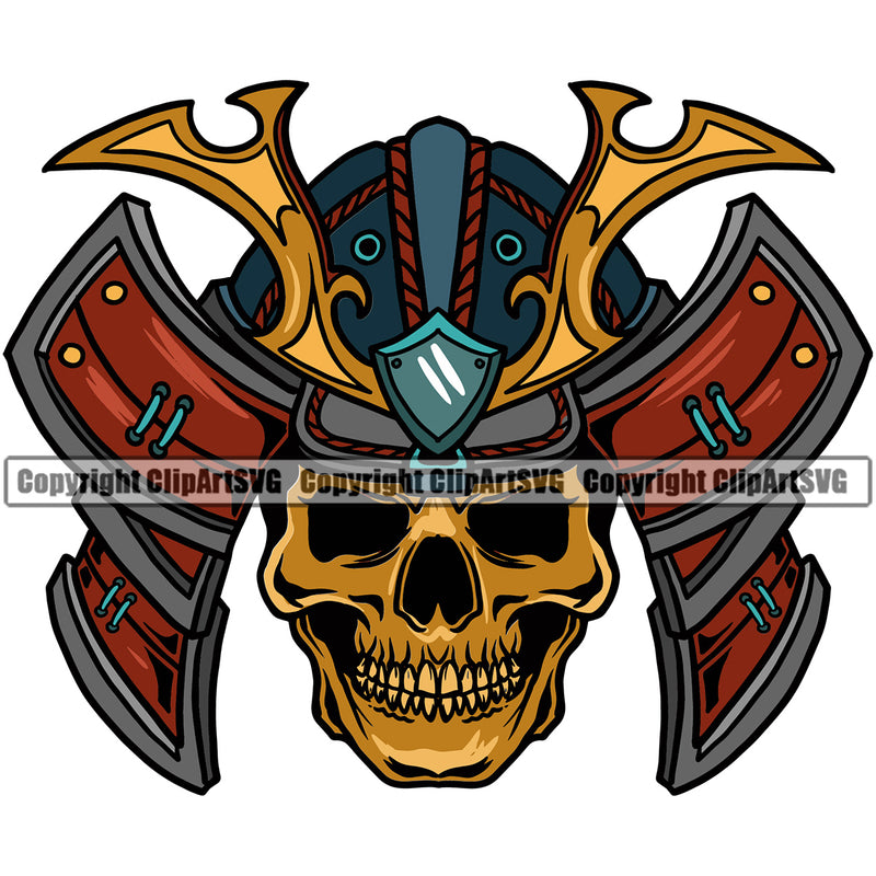 Golden Color Skull Skeleton Wearing Ninja Samurai Mask Design Element White Background Warrior Sword Japanese Katana Asian Culture Helmet Japan Traditional Mask Fighter Fantasy Head Demon Face Ninja Tattoo Art Logo Clipart SVG