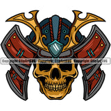 Golden Color Skull Skeleton Wearing Ninja Samurai Mask Design Element White Background Warrior Sword Japanese Katana Asian Culture Helmet Japan Traditional Mask Fighter Fantasy Head Demon Face Ninja Tattoo Art Logo Clipart SVG
