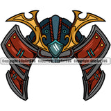Ninja Samurai Hat Color Design Element Warrior Sword Japanese Katana Asian White Background Culture Helmet Japan Traditional Mask Fighter Fantasy Head Demon Face Ninja Tattoo Art Logo Clipart SVG