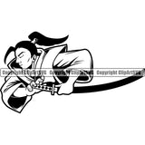 Black And White Ninja Samurai Holding Katana Design Element Warrior Sword Japanese Katana Asian Culture Helmet Japan Traditional Mask Fighter Fantasy Head Demon Face Ninja Tattoo Art Logo Clipart SVG