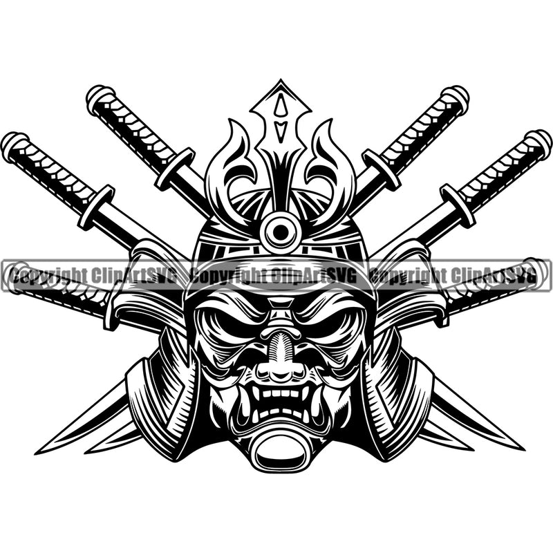 Ninja Samurai Sword Black And White Color Design Element Warrior Sword Japanese Katana Asian Culture Helmet Japan Traditional Mask Fighter Fantasy Head Demon Face Ninja Tattoo Art Logo Clipart SVG