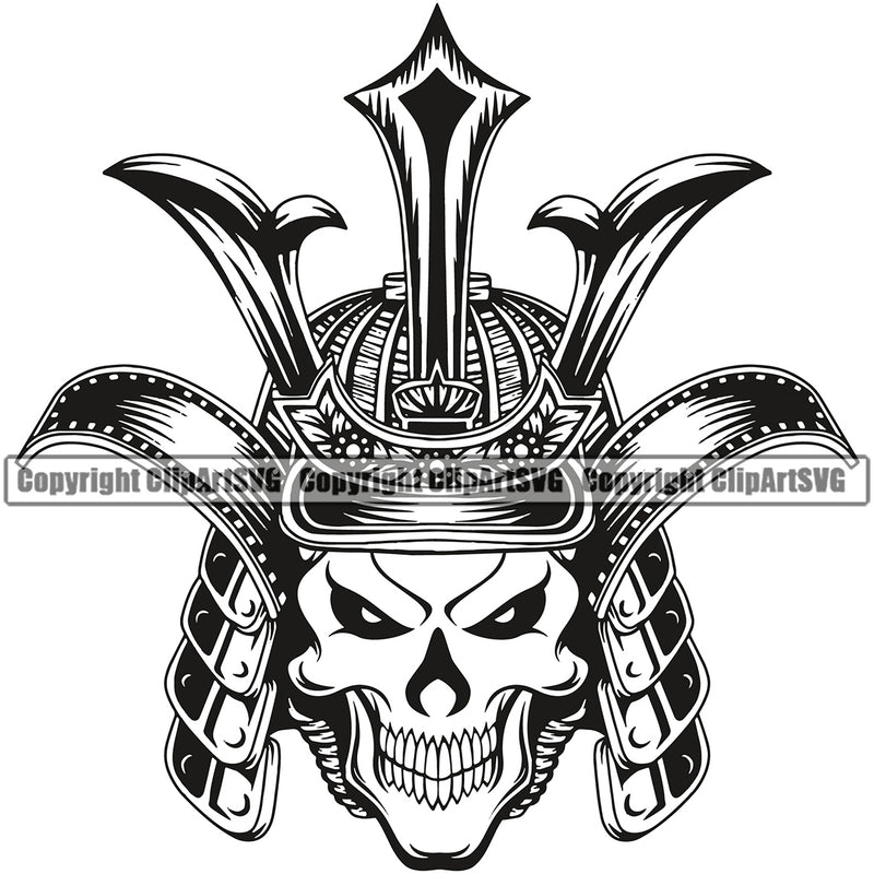 Black And White Color Angry Face Skull Skeleton Wearing Ninja Samurai Hat Vector Design Element Warrior Sword Japanese Katana Asian Culture Helmet Japan Traditional Mask Fighter Fantasy Head Demon Face Ninja Tattoo Art Logo Clipart SVG