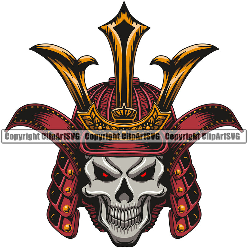 Red Eye Skull Skeleton Wearing Ninja Samurai Helmet Vector Design Element Warrior Sword Japanese Katana Asian Culture Helmet Japan Traditional Mask Fighter Fantasy Head Demon Face Ninja Tattoo Art Logo Clipart SVG