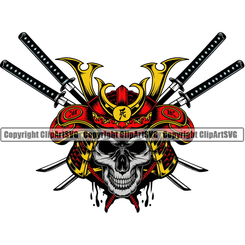 Sword On Skull Skeleton Ninja Samurai Helmet Vector Color Dripping Design Element Warrior Sword Japanese Katana Asian Culture Helmet Japan Traditional Mask Fighter Fantasy Head Demon Face Ninja Tattoo Art Logo Clipart SVG
