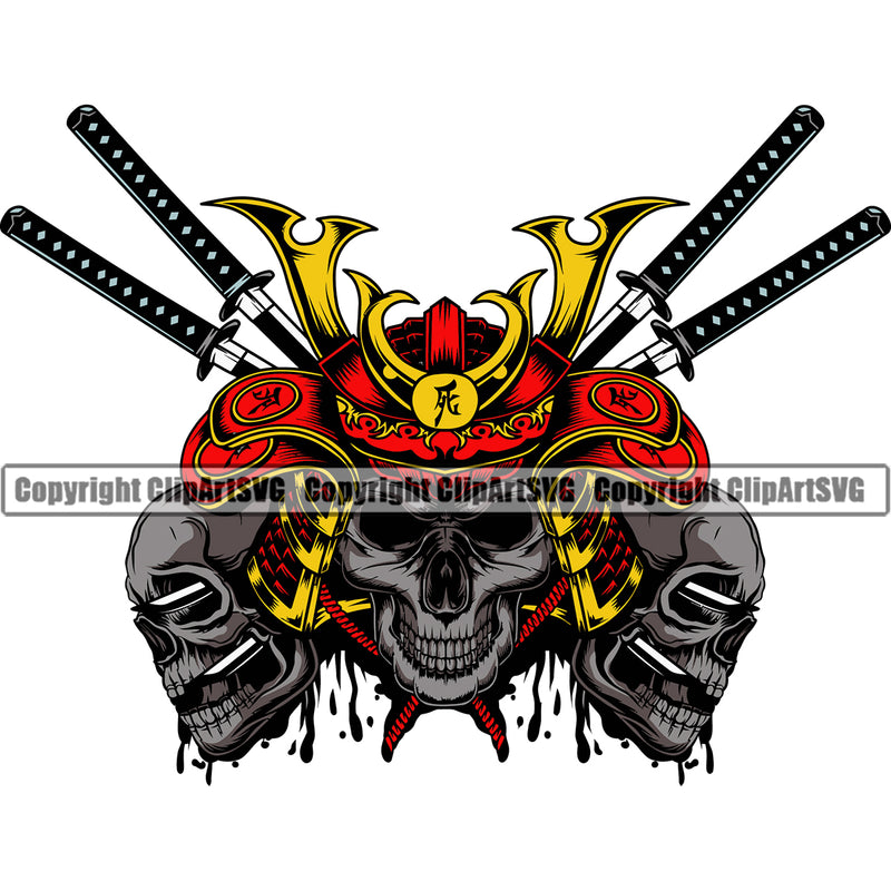 Sword On Ninja Skull Skeleton Samurai Head Vector Design Element Warrior Sword Japanese Katana Asian Culture Helmet Japan Traditional Mask Fighter Fantasy Head Demon Face Ninja Tattoo Art Logo Clipart SVG