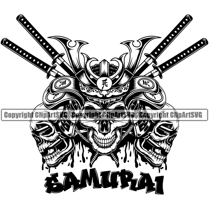 Black And White Samurai Quote Ninja Sword Warrior Sword Skull Skeleton Head Design Element Japanese Katana Asian Culture Helmet Japan Traditional Mask Fighter Fantasy Head Demon Face Ninja Tattoo Art Logo Clipart SVG