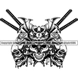 Black And White Sword On Ninja Skull Skeleton Samurai Head Vector Design Element Warrior Sword Japanese Katana Asian Culture Helmet Japan Traditional Mask Fighter Fantasy Head Demon Face Ninja Tattoo Art Logo Clipart SVG