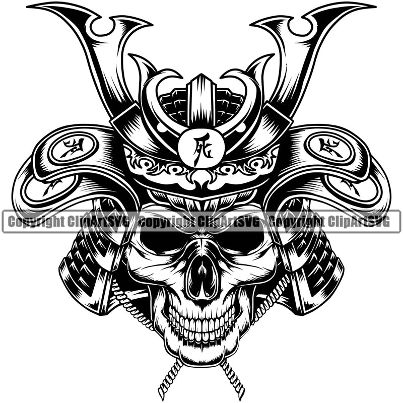 Black And White Skull Skeleton Wearing Samurai Helmet Design Element Warrior Sword Japanese Katana Asian Culture Helmet Japan Traditional Mask Fighter Fantasy Head Demon Face Ninja Tattoo Art Logo Clipart SVG