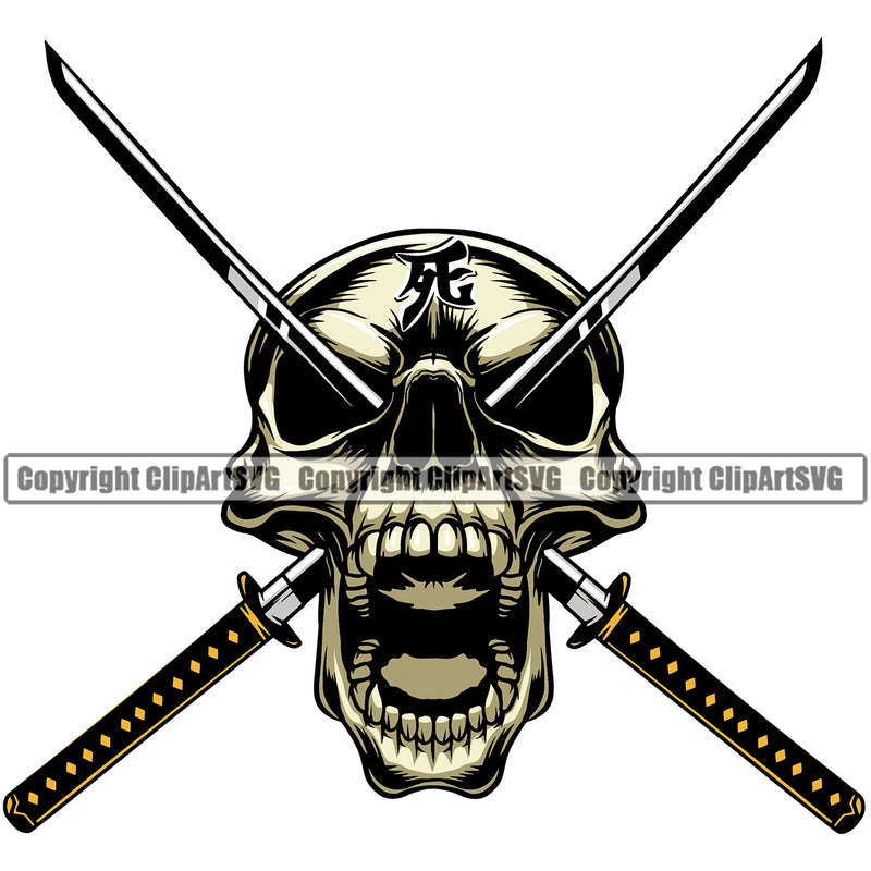 Skull Skeleton Color Head Samurai Warrior Sword Japanese Katana Asian Culture Helmet Japan Traditional Mask Fighter Fantasy Head Demon Face Ninja Tattoo Art Logo Clipart SVG