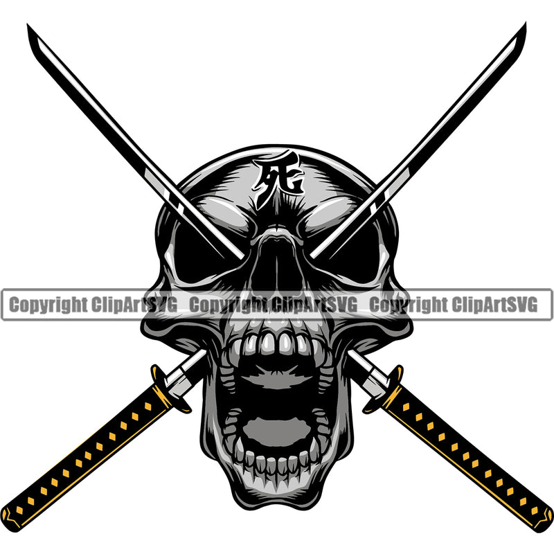 Skull Skeleton Silver Color Head Samurai Warrior Sword Japanese Katana Asian Culture Helmet Japan Traditional Mask Fighter Fantasy Head Demon Face Ninja Tattoo Art Logo Clipart SVG