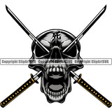 Skull Skeleton Silver Color Head Samurai Warrior Sword Japanese Katana Asian Culture Helmet Japan Traditional Mask Fighter Fantasy Head Demon Face Ninja Tattoo Art Logo Clipart SVG