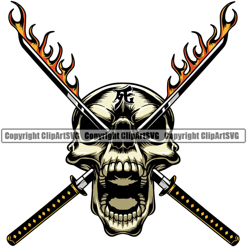 Sword On Skull Skeleton Eyes Fire Design Element Vector Color Samurai Warrior Sword Japanese Katana Asian Culture Helmet Japan Traditional Mask Fighter Fantasy Head Demon Face Ninja Tattoo Art Logo Clipart SVG