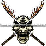 Sword On Skull Skeleton Eyes Fire Design Element Vector Color Samurai Warrior Sword Japanese Katana Asian Culture Helmet Japan Traditional Mask Fighter Fantasy Head Demon Face Ninja Tattoo Art Logo Clipart SVG