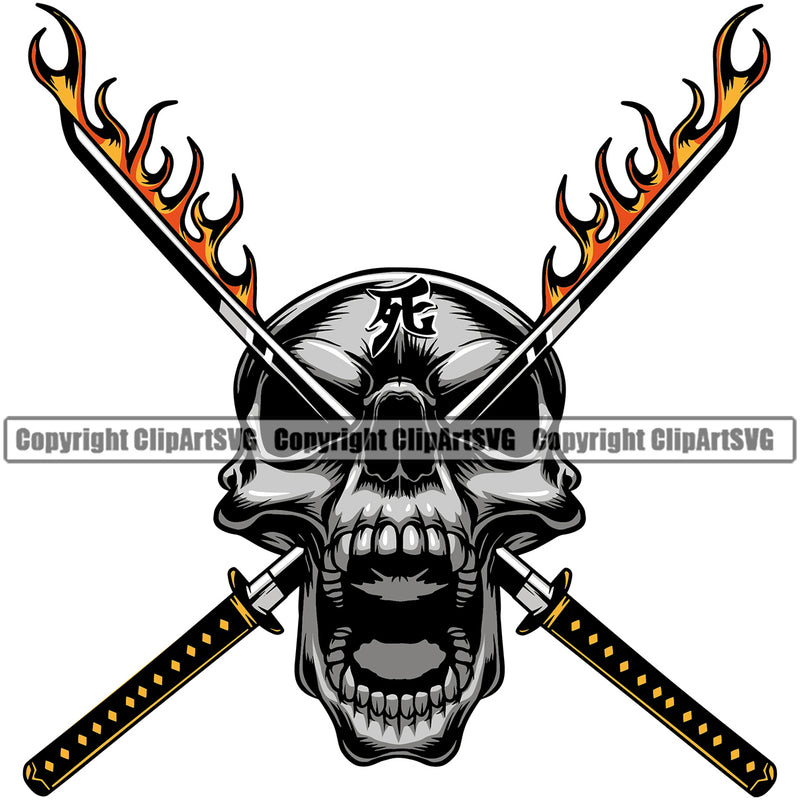 Silver Color Sword On Skull Skeleton Eyes Fire Design Element Vector Color Samurai Warrior Sword Japanese Katana Asian Culture Helmet Japan Traditional Mask Fighter Fantasy Head Demon Face Ninja Tattoo Art Logo Clipart SVG