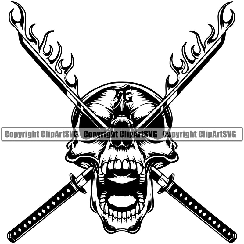 Black And White Sword On Skull Skeleton Eyes Fire Design Element Vector Color Samurai Warrior Sword Japanese Katana Asian Culture Helmet Japan Traditional Mask Fighter Fantasy Head Demon Face Ninja Tattoo Art Logo Clipart SVG