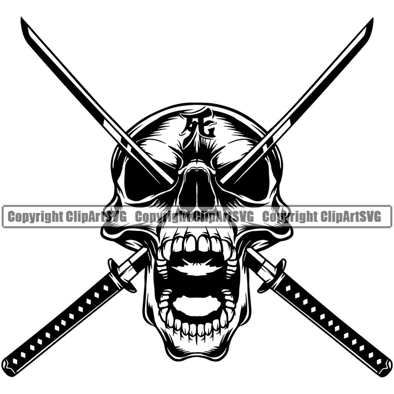 Black And White Skull Skeleton Head Design Element Crossed Sword Design Element Samurai Warrior Sword Japanese Katana Asian Culture Helmet Japan Traditional Mask Fighter Fantasy Head Demon Face Ninja Tattoo Art Logo Clipart SVG