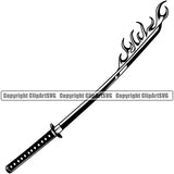 Ninja Samurai Katana Black And White On Fire Design Element Vector Warrior Sword Japanese Katana Asian Culture Helmet Japan Traditional Mask Fighter Fantasy Head Demon Face Ninja Tattoo Art Logo Clipart SVG