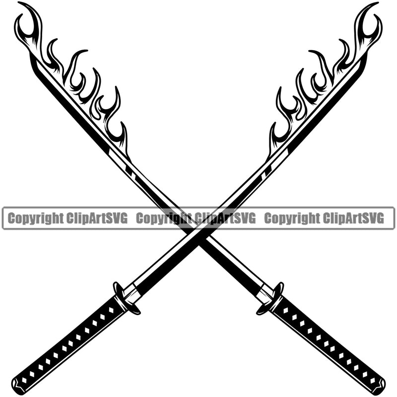 Black And White Crossed Design Samurai Warrior Sword Fire Design Element Japanese Katana Asian Culture Helmet Japan Traditional Mask Fighter Fantasy Head Demon Face Ninja Tattoo Art Logo Clipart SVG