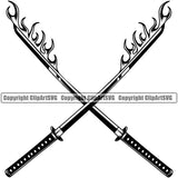 Black And White Crossed Design Samurai Warrior Sword Fire Design Element Japanese Katana Asian Culture Helmet Japan Traditional Mask Fighter Fantasy Head Demon Face Ninja Tattoo Art Logo Clipart SVG