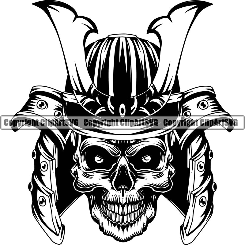 Black And White Skull Skeleton Ninja Samurai Wearing Helmet Warrior Sword White Background Design Element Japanese Katana Asian Culture Helmet Japan Traditional Mask Fighter Fantasy Head Demon Face Ninja Tattoo Art Logo Clipart SVG