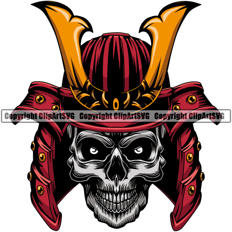 Silver Color Skull Skeleton Ninja Samurai Wearing Helmet Warrior Sword White Background Design Element Japanese Katana Asian Culture Helmet Japan Traditional Mask Fighter Fantasy Head Demon Face Ninja Tattoo Art Logo Clipart SVG