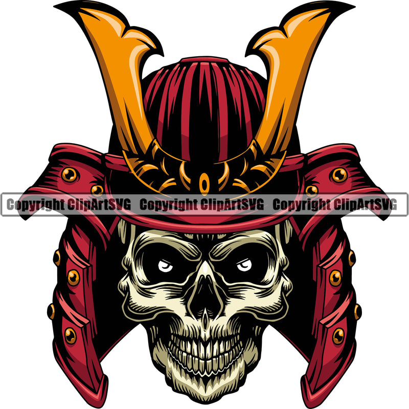 Ninja Samurai Helmet Wearing Skull Skeleton Vector White Background Design Element Warrior Sword Japanese Katana Asian Culture Helmet Japan Traditional Mask Fighter Fantasy Head Demon Face Ninja Tattoo Art Logo Clipart SVG