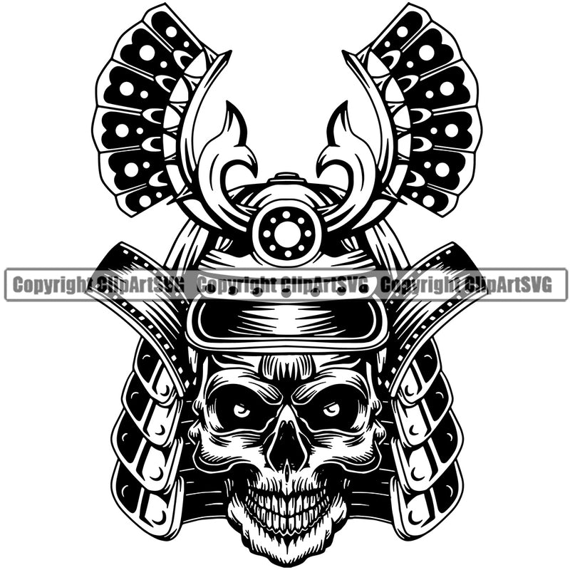 Black And White Ninja Samurai Helmet Wearing Skull Skeleton Head Design Element Warrior Sword Japanese Katana Asian Culture Helmet Japan Traditional Mask Fighter Fantasy Head Demon Face Ninja Tattoo Art Logo Clipart SVG