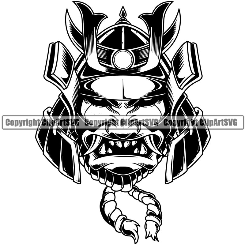 Black And White Ninja Samurai Warrior Mast Vector Design Element Sword Japanese Katana Asian Culture Helmet Japan Traditional Mask Fighter Fantasy Head Demon Face Ninja Tattoo Art Logo Clipart SVG