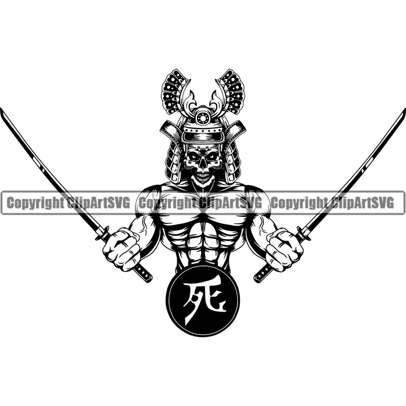 Ninja Samurai Warrior Hand Holding Sword Black And White Design Element Japanese Katana Asian Culture Helmet Japan Traditional Mask Fighter Fantasy Head Demon Face Ninja Tattoo Art Logo Clipart SVG