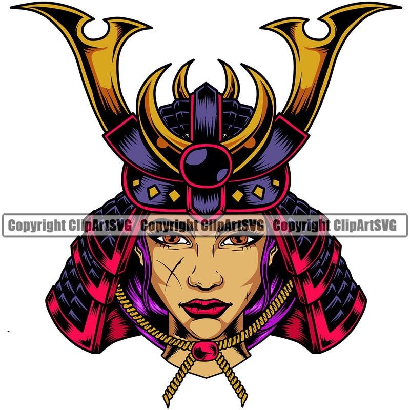 Ninja Samurai Woman Wearing Helmet Vector Design Element White Background Warrior Sword Japanese Katana Asian Culture Helmet Japan Traditional Mask Fighter Fantasy Head Demon Face Ninja Tattoo Art Logo Clipart SVG
