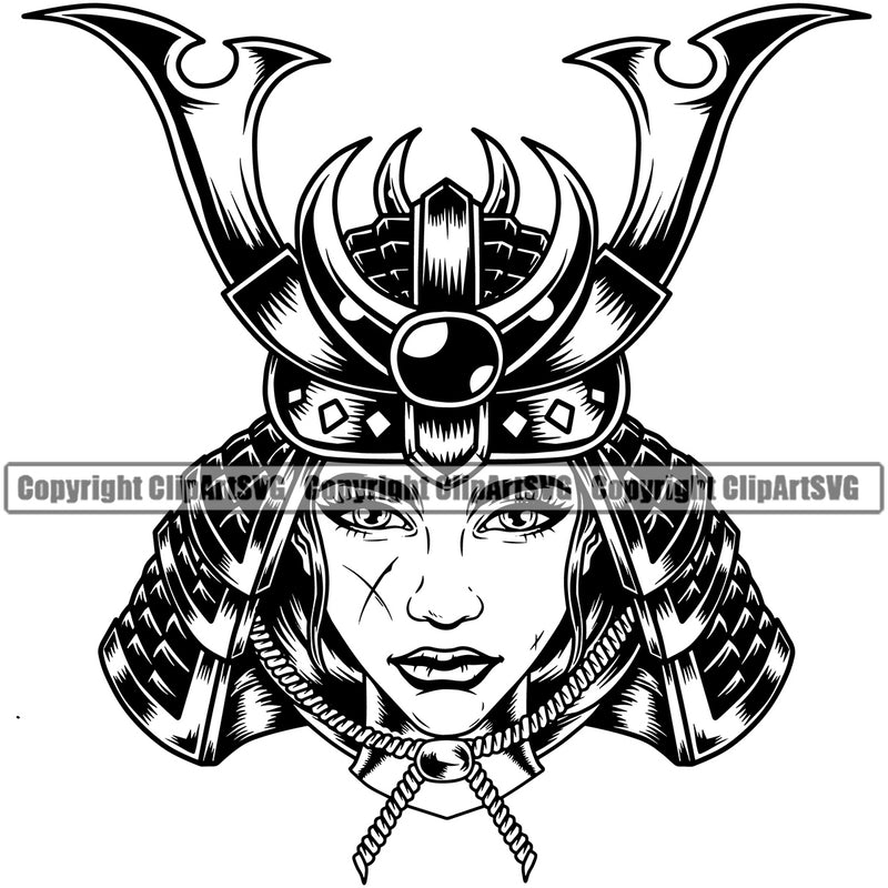 Black And White Ninja Samurai Woman Wearing Helmet Vector Design Element White Background Warrior Sword Japanese Katana Asian Culture Helmet Japan Traditional Mask Fighter Fantasy Head Demon Face Ninja Tattoo Art Logo Clipart SVG