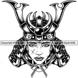 Black And White Ninja Samurai Woman Wearing Helmet Vector Design Element White Background Warrior Sword Japanese Katana Asian Culture Helmet Japan Traditional Mask Fighter Fantasy Head Demon Face Ninja Tattoo Art Logo Clipart SVG