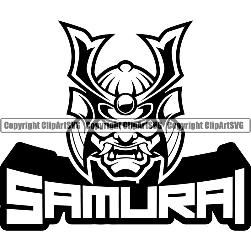 Black And White Samurai Quote Vector Design Element Warrior Sword Japanese Katana Asian Culture Helmet Japan Traditional Mask Fighter Fantasy Head Demon Face Ninja Tattoo Art Logo Clipart SVG