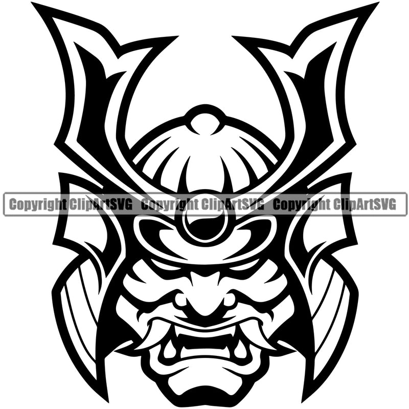 Black And White Ninja Samurai Helmet Vector Design Element Warrior Sword Japanese Katana Asian Culture Helmet Japan Traditional Mask Fighter Fantasy Head Demon Face Ninja Tattoo Art Logo Clipart SVG