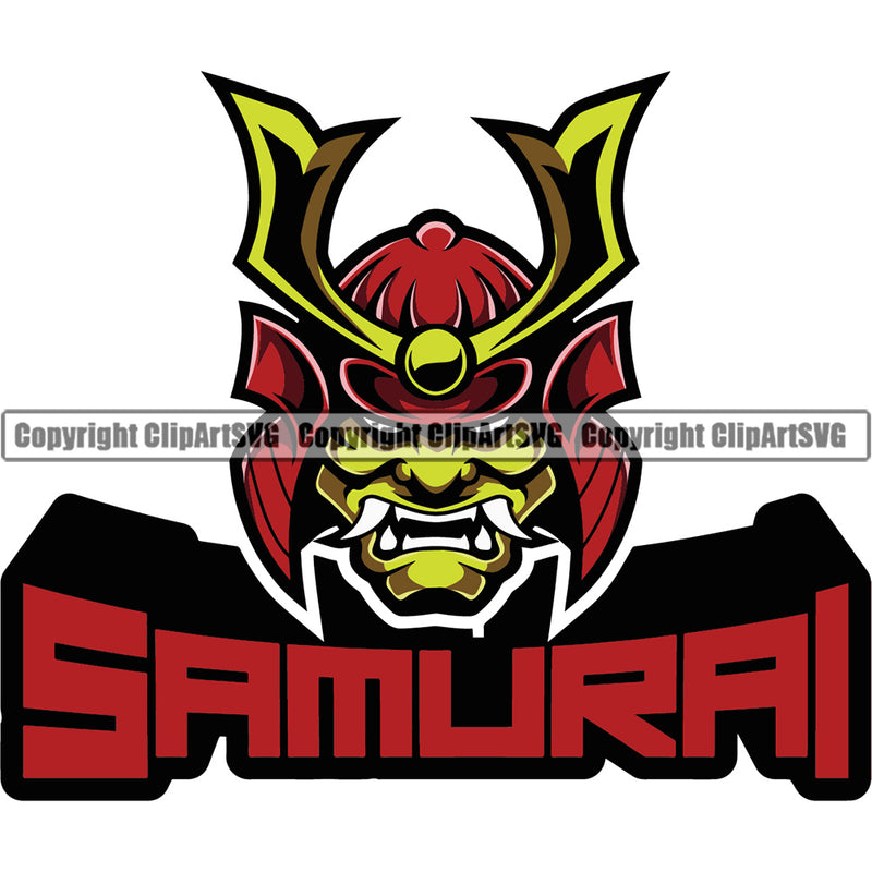 Samurai Quote And Ninja Samurai Face Green Color Face Design Element Warrior Sword Japanese Katana Asian Culture Helmet Japan Traditional Mask Fighter Fantasy Head Demon Face Ninja Tattoo Art Logo Clipart SVG