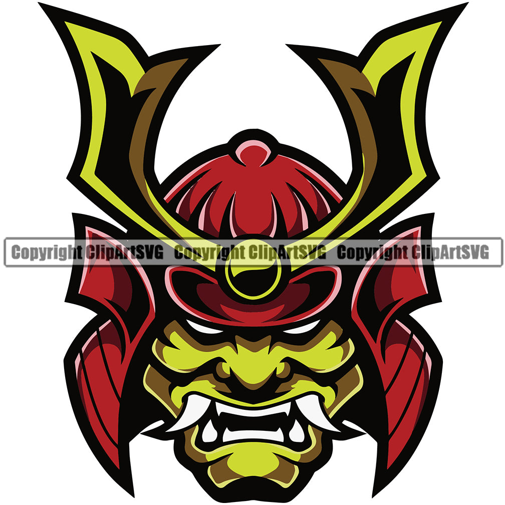 Ninja Samurai Mascot Green Color Face And Wearing Helmet Vector Design Element Warrior Sword Japanese Katana Asian Culture Helmet Japan Traditional Mask Fighter Fantasy Head Demon Face Ninja Tattoo Art Logo Clipart SVG