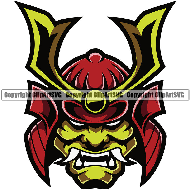 Ninja Samurai Mascot Green Color Face And Wearing Helmet Vector Design Element Warrior Sword Japanese Katana Asian Culture Helmet Japan Traditional Mask Fighter Fantasy Head Demon Face Ninja Tattoo Art Logo Clipart SVG