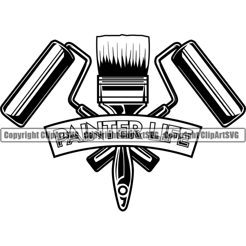 Black And White Painting Equipment With Ribbon Design Element Renovation Paint House Home Improvement Wall Room Painter Repair Renovating Service Work Worker Painter DIY Art Logo Clipart SVG