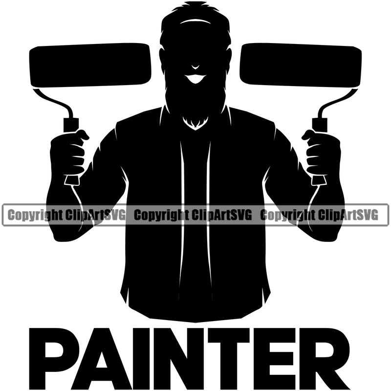 Painter Black Color Quote Painting Silhouette Man Holding Double Roller Brush Design Element Renovation Paint House Home Improvement Wall Room Painter Repair Renovating Service Work Worker Painter DIY Art Logo Clipart SVG