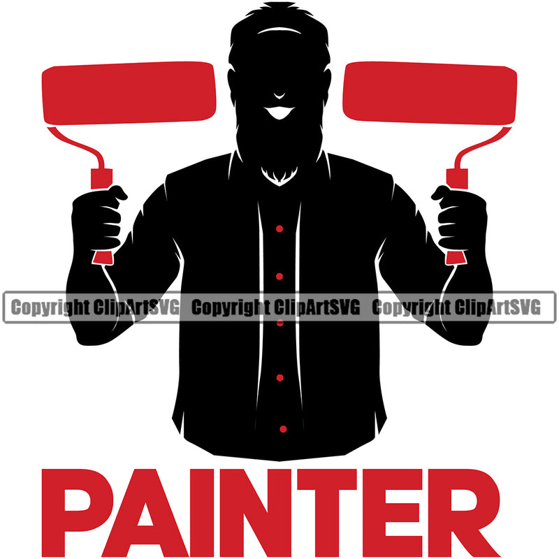 Painter Red Color Quote Painting Silhouette Man Holding Double Roller Brush Design Element Renovation Paint House Home Improvement Wall Room Repair Service Work Worker Painter DIY Art Logo Clipart SVG