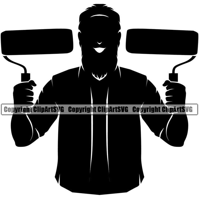 Painting Renovation Painter Worker Holding Paint Roller Silhouette Vector White Background Design Element House Home Improvement Wall Room Painter Repair Renovating Service Work Worker Painter DIY Art Logo Clipart SVG